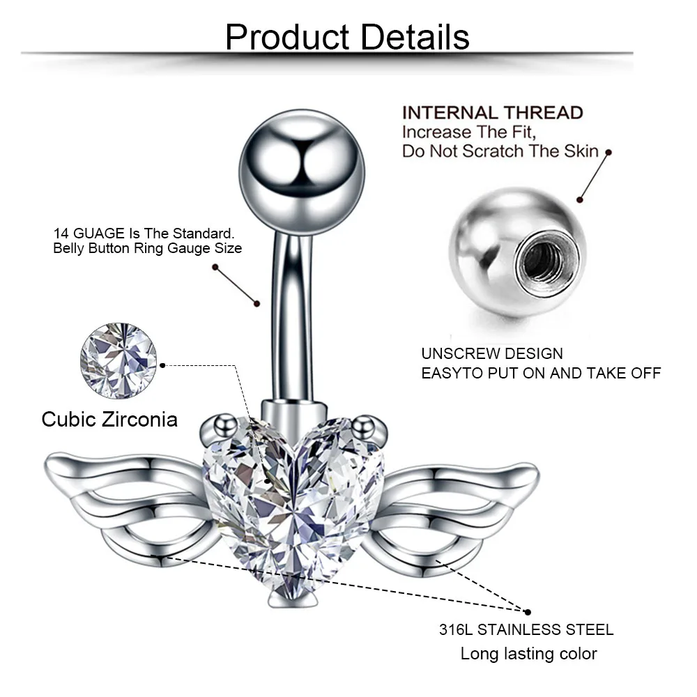 Sexy steel belly button rings, crystal navel, heart-shaped wings, piercing navel earring, belly body piercing jewelry, woman, 1PC
