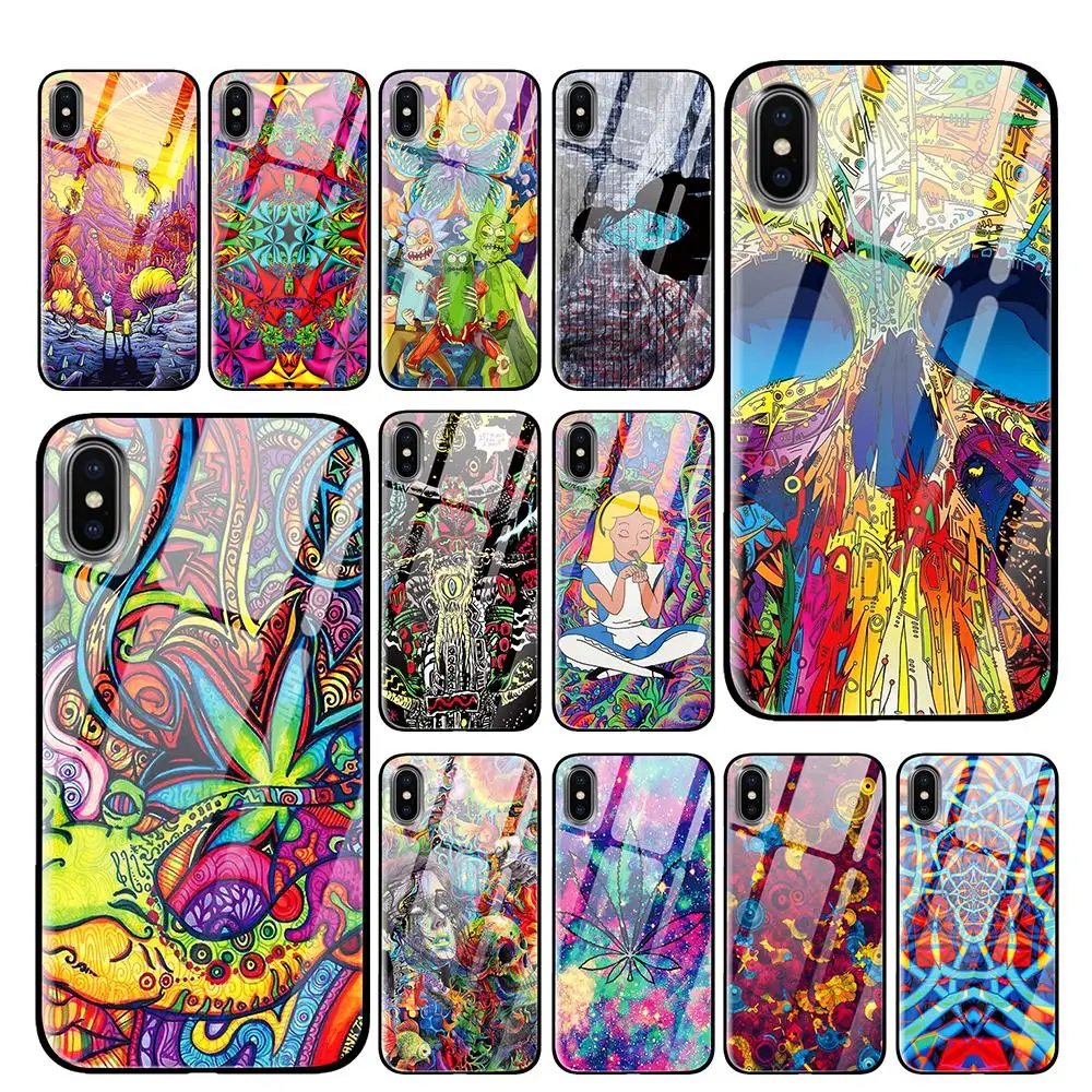 

Artistic abstract Psychedelic Weed Tempered Glass Phone Cases for iPhone 5 5S SE 6 6s 7 8 Plus X XS Max XR Back Cover