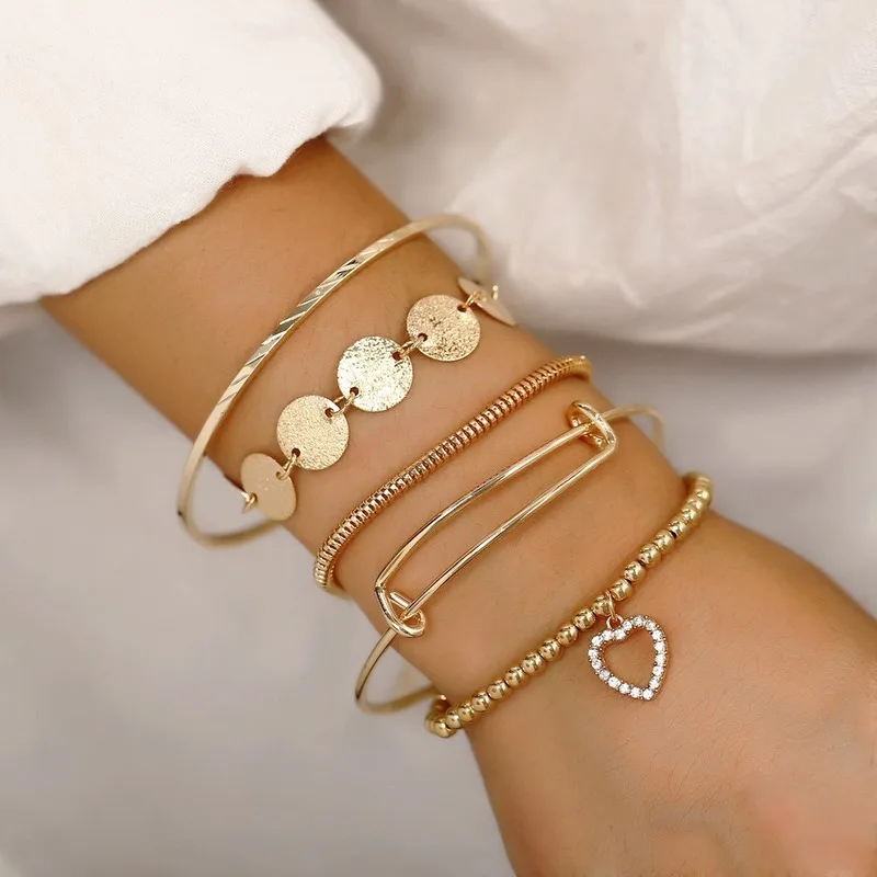 

5pc/set Charm Bracelet Creative Retro Jewelry Simple Love Gold Bracelet Pendant Round Bracelet Stainless Steel Women Bracelet