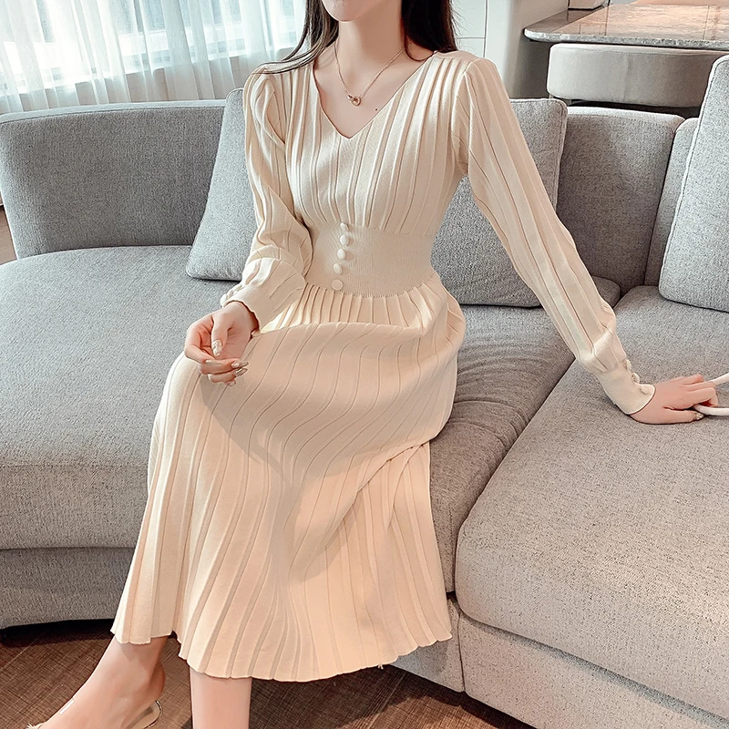 Autumn Winter V-Neck Knitted Dress Elegant Female Mid-Length Long-Sleeved Pleated Temperament