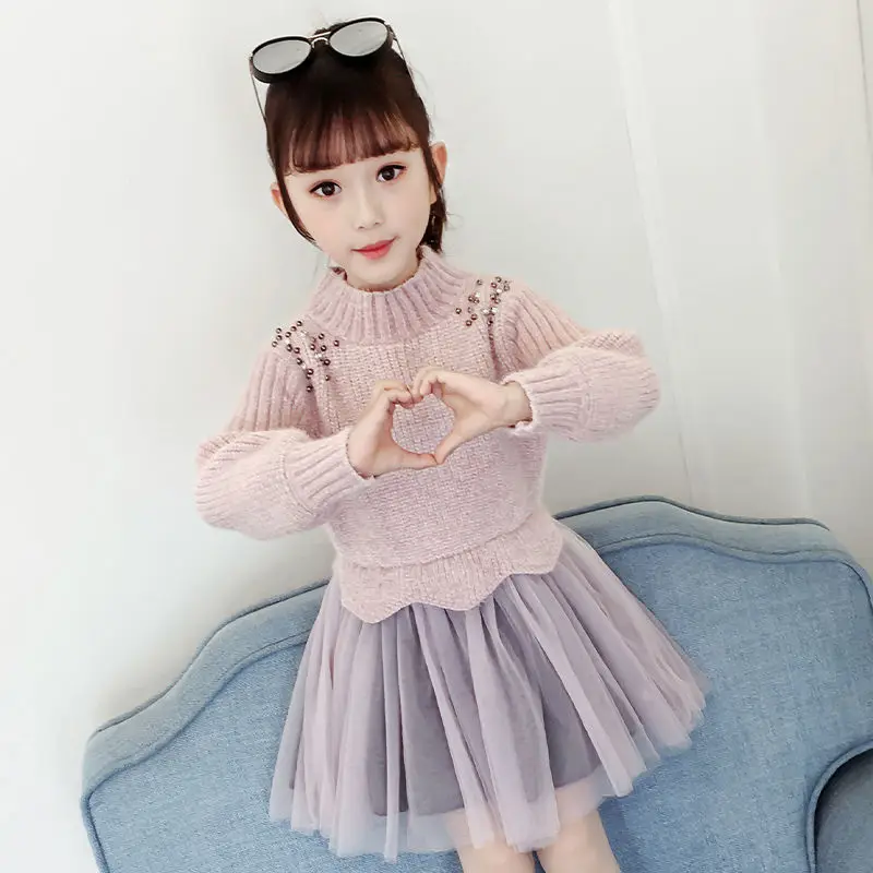 Casual Long Sleeves Lace Dress For Girl Kids Princess Party Dress Suit