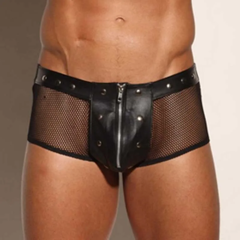 Men's Underpants Black Faux Leather Boxer Shorts Men Punk Transparent Fishnet Lingerie Hot Zip Open Front Underwear Gay Panties (6)