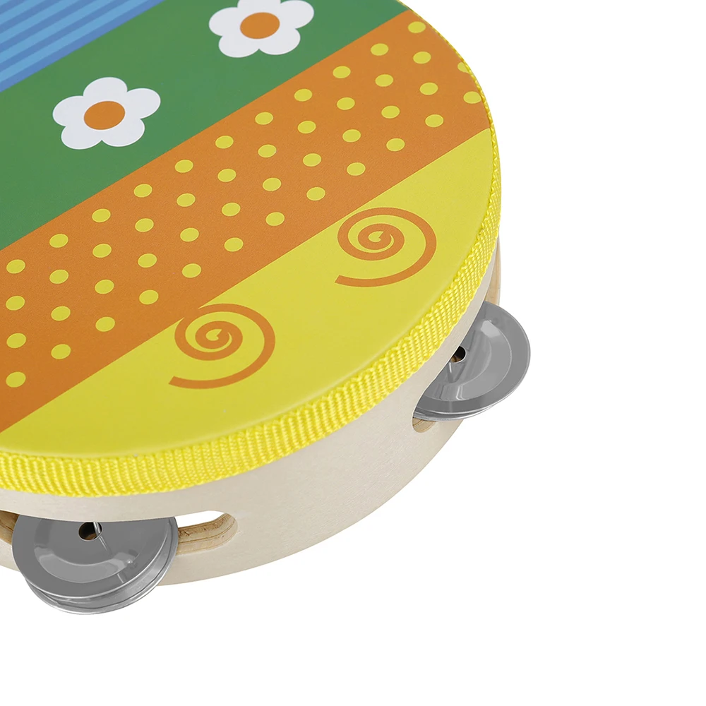 6 Inch Hand Held Tambourine Drum Bell Wooden Handheld Tambourine Percussion Drum Musical Instrument for KTV Party Kids Game Toys
