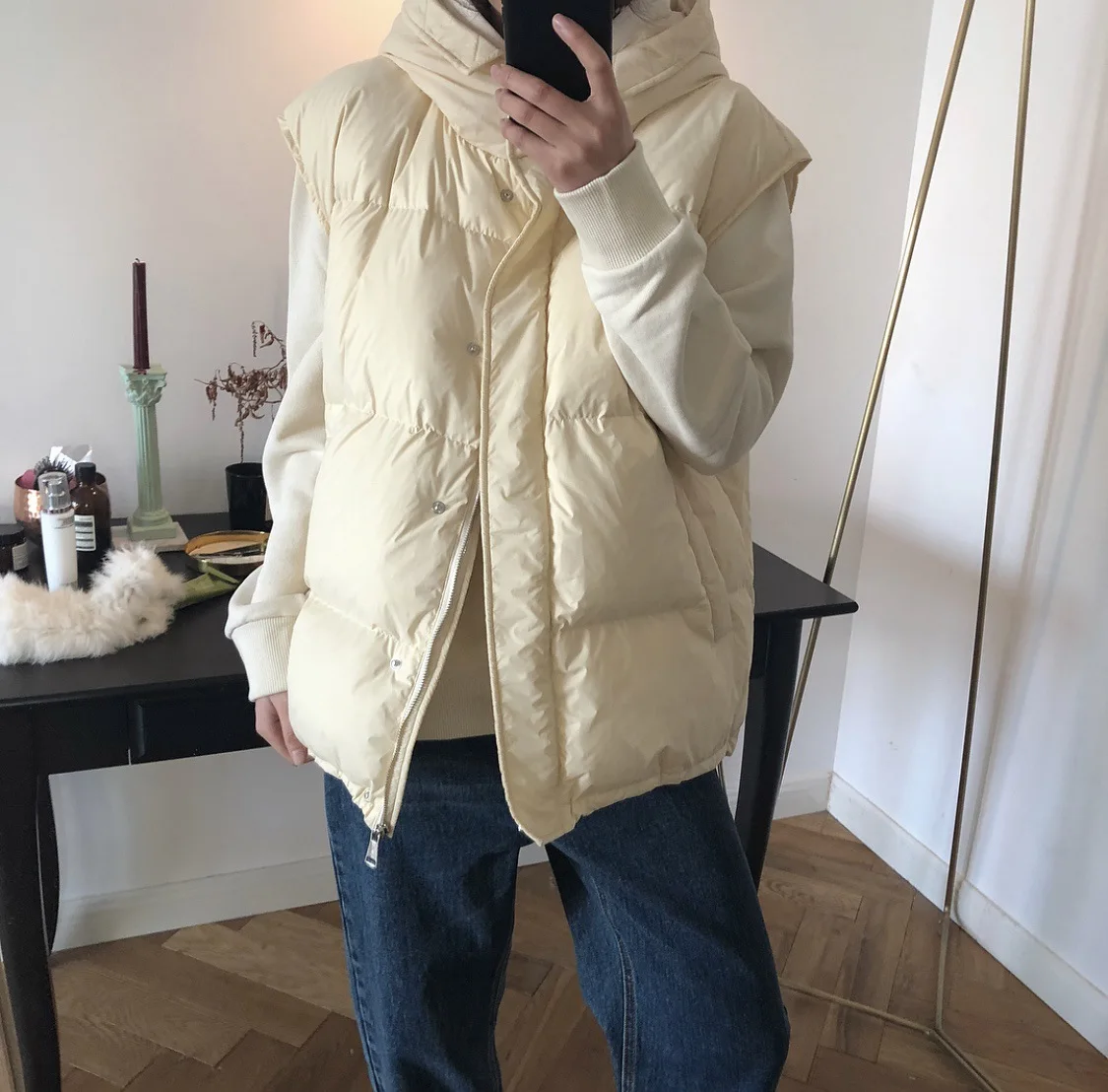 Winter New South Korea 90% White Goose down Vest down Coat Short Thick Loose-Fit Hooded Vest Women's