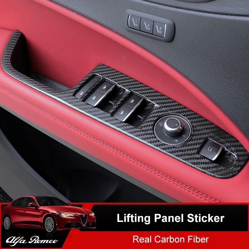 QHCP Car Window Lift Button Switch Panel Cover Frame Sticker Trim Real Carbon Fiber Black 4Pcs/Set For Alfa Romeo Giulia Stelvio