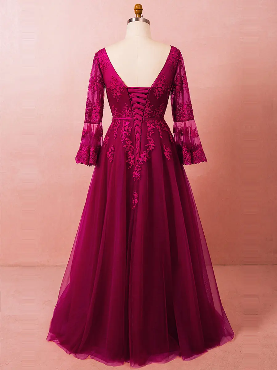 Вечерние платья с длинным рукавом Robe De Soiree T466 с О-образным вырезом, розовые красные женские вечерние платья размера плюс, кружевное вечернее платье с открытой спиной