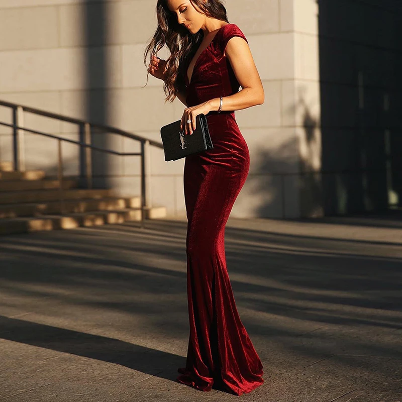 

Eightale Burgundy Velvet Evening Dress Sexy V-Neck Mermaid Formal Simple Arabic Kaftan Dubai Custom Made Prom Party Gown