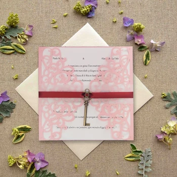 

50 Kits Pink Laser Cut Personalized Wedding Invitations Cards DIY Blank Inside Card with Envelopes Seal Key Decorations