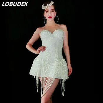 

White Beading Dress Sleeveless Pearl Short Mini Dress Sexy Bar Nightclub DJ Singer Dancer Costume Concert Stage Performance Wear