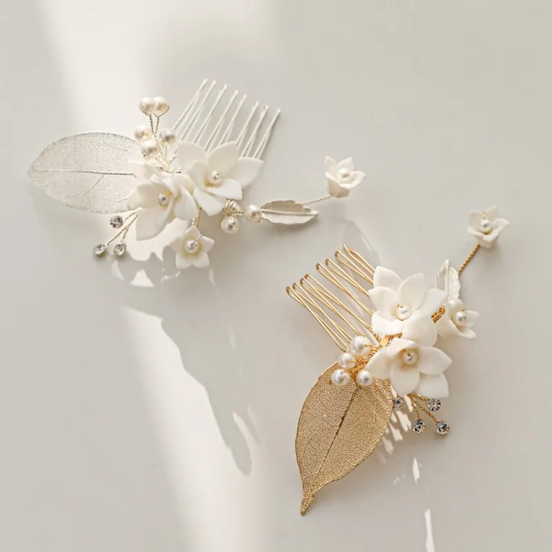 Белый фарфор цветок для невесты маленькая расческа для волос лист головной убор жемчуг женские украшения для волос Свадебные аксессуары для выпускного вечера