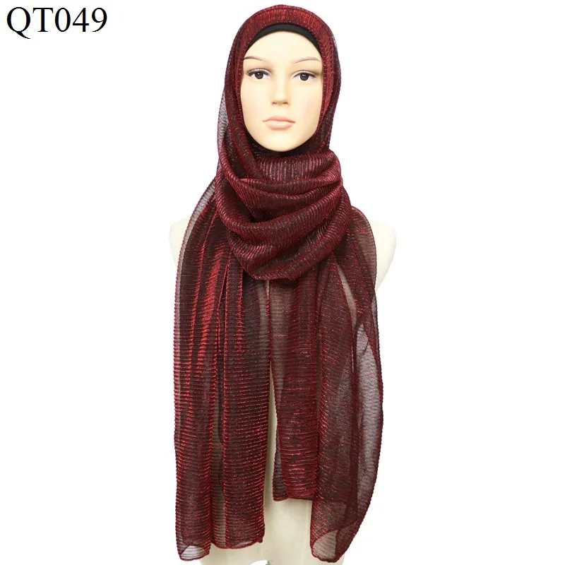 Сплошной цвет плиссированный Золотой и Серебряный шелковый шарф мусульманский шарф с хиджабом шарф женский платок на голову - Цвет: wine red