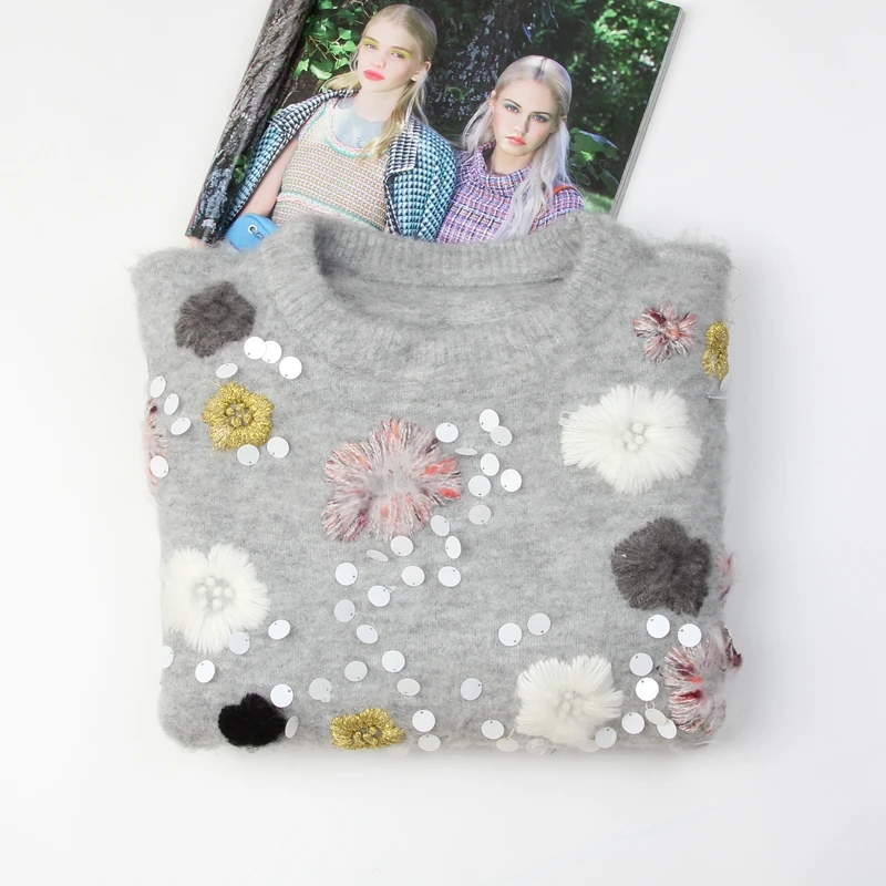 Women's Sweater 3D Embroideried Flower Sequin Wool Knitted Sweater Autumn Thick Soft Korean Style Oversized Jumper Pullover