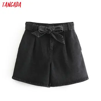 

Tangada women elegant black denim shorts with slash bow zipper pockets female retro summer casual shorts pantalones 3P05