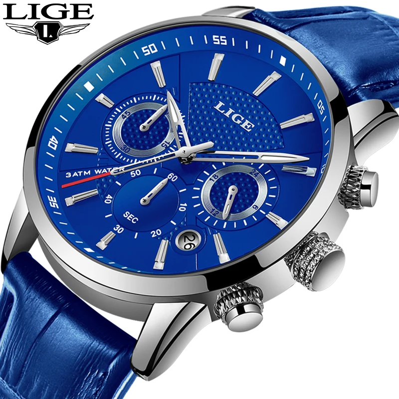 Online Relojes LIGE de moda para hombre reloj de cuarzo azul Luuxury de marca superior de cuero Casual para hombre reloj de cronógrafo deportivo impermeable