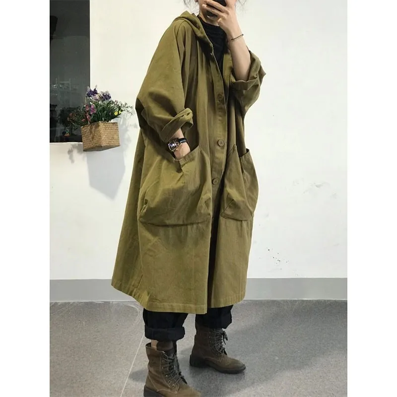 2020 Autumn New Korea Fashion Women Loose Hooded Trench Coat All-matched Casual Single Breasted Long Trench Coat Femme M593
