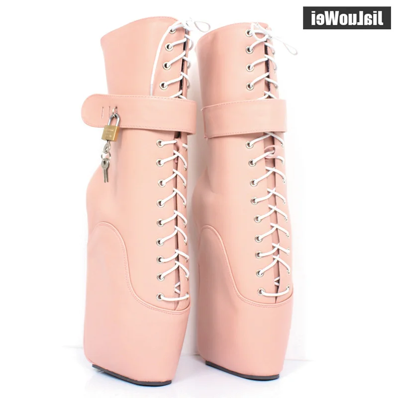 

New 7"/18CM Ultra High Heel Strange Wedge Ballet Boots Women Fashion Sexy Fetish Cross-tied Ankle Boots With Padlocks Locks