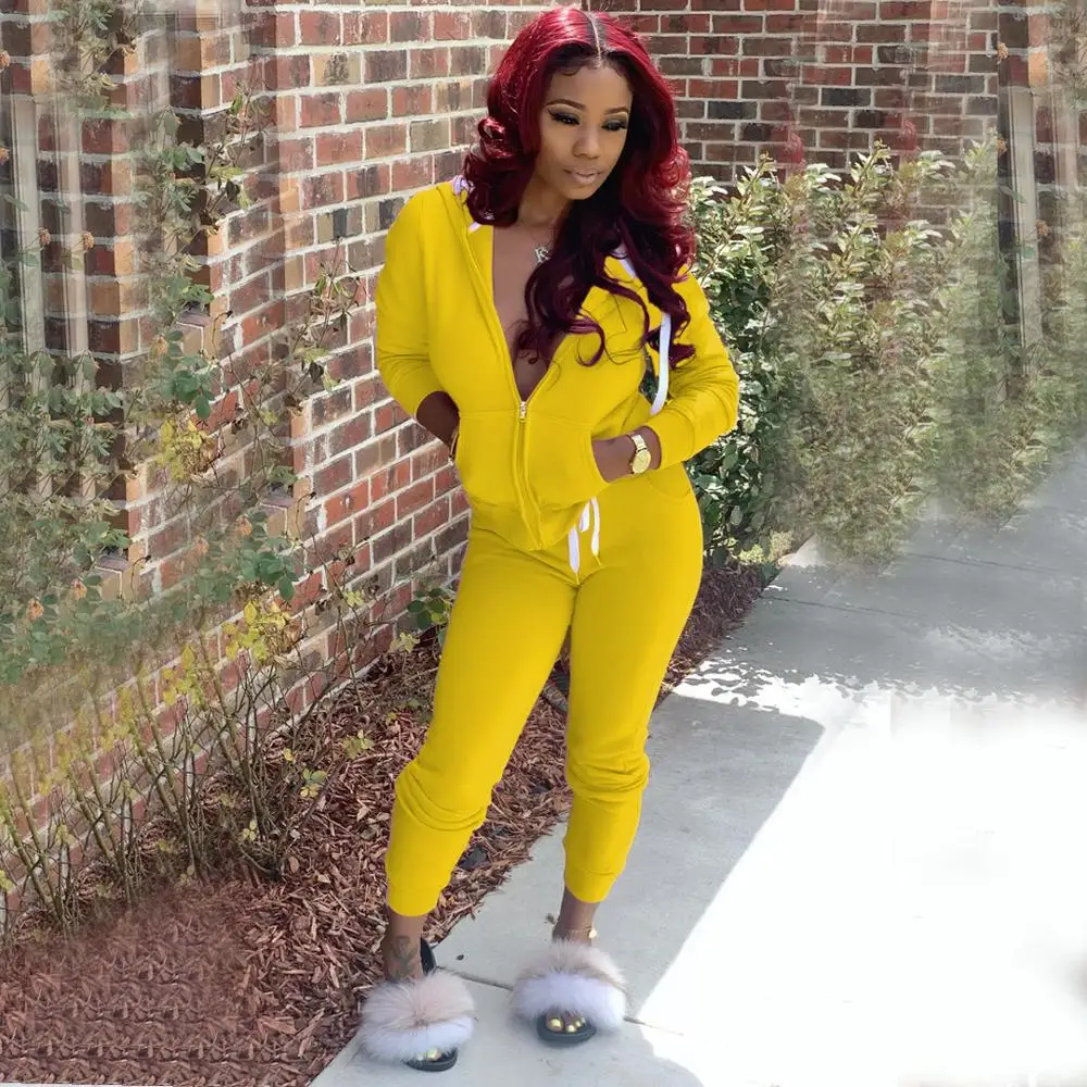 

New Fall Winter Two Pieces Set Women's Tracksuit Solid Color Long Sleeve Hoodie Sweatshirt And Long SweatPants Matching Set