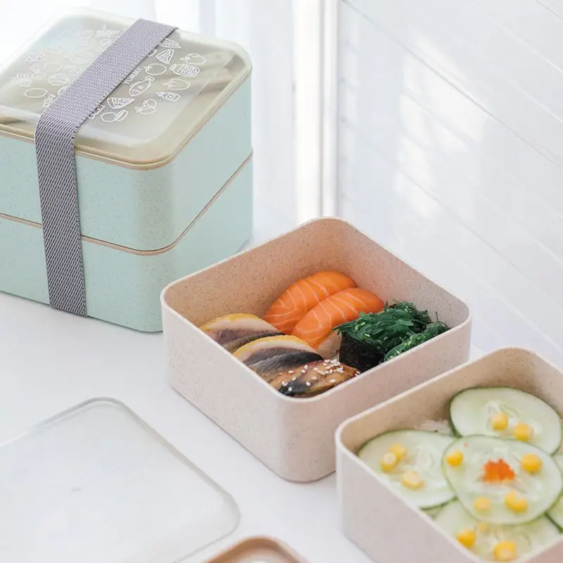 Ланч-бокс двойной площади пшеничной соломы может microwavable Ланч-бокс зеленый студенческий Ланч-бокс для взрослых