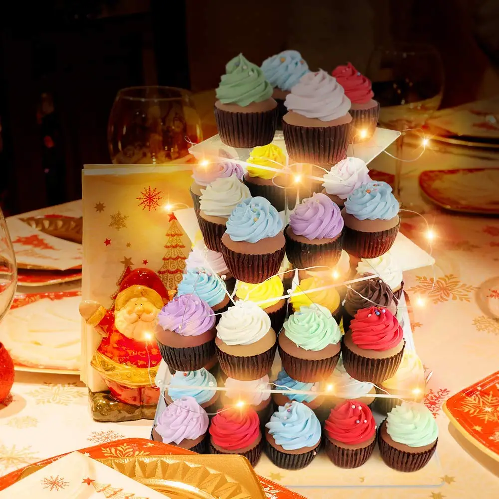 

Acrylic Square Cake Stand Holder With LED String Lights Cupcake Display Stand For Wedding Cake Kitchen Baking Accessory
