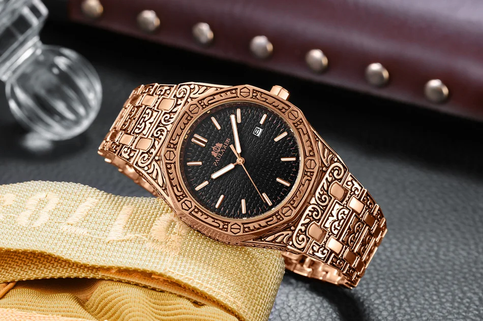 Lusso antico intagliato vintage luminoso oro rosa oro giallo argento 2 toni blu quarzo classico da uomo_voghion.com