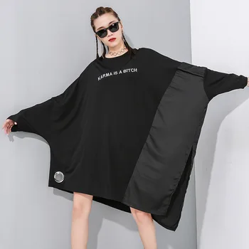 

Women Oversize Bat Long Sleeve Loose Splice Black Pullover T Shirt Female Hip Hop Streetwear Gothic Cape Irregular Tshirt Dress