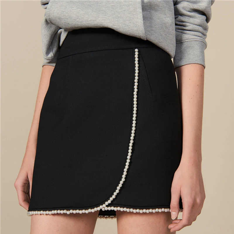 

New Women Black Beading Skirt 2019 Autumn Winter High Waist Woman Mini Skirt
