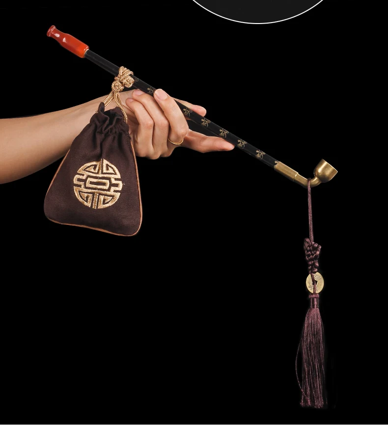 Chinese long stem Vintage tobacco smoking pipes wood Red jade cigarette  holder Pipes Smoking With Tobacco bag Pendant S/M/L/XL