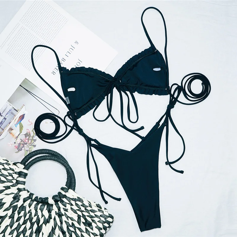 INGAGA Push Up Bikinis Swimwear Women Ruffle Swimsuits White Biquini Bathing Suits Thong Swim Suit 2020 String Bow Bathers