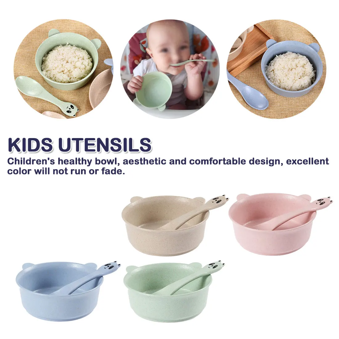 

Natural Straw Baby Feeding Bowl Spoon Panda Food Snack Tableware Kids Dishes Baby Dinnerware Set Tableware Training Bowls Spoons