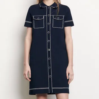 

2020 Spring Autumn Short Sleeve Women Knit Dress Contrast Color Straight Loose Turn-down Collar Short Dresses