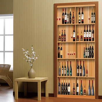 

3D Door Sticker Modern Creative Red Wine Cabinet Wallpaper Restaurant Living Room Self-Adhesive Waterproof Sticker Door Poster
