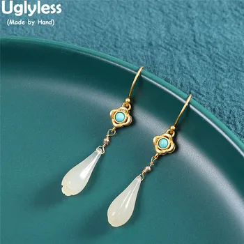 

Uglyless Magnolia Flowers Earrings Women Natural Hotan Jade Floral Brincos Bohemia Turquoise Clovers Earrings 925 Silver Jewelry