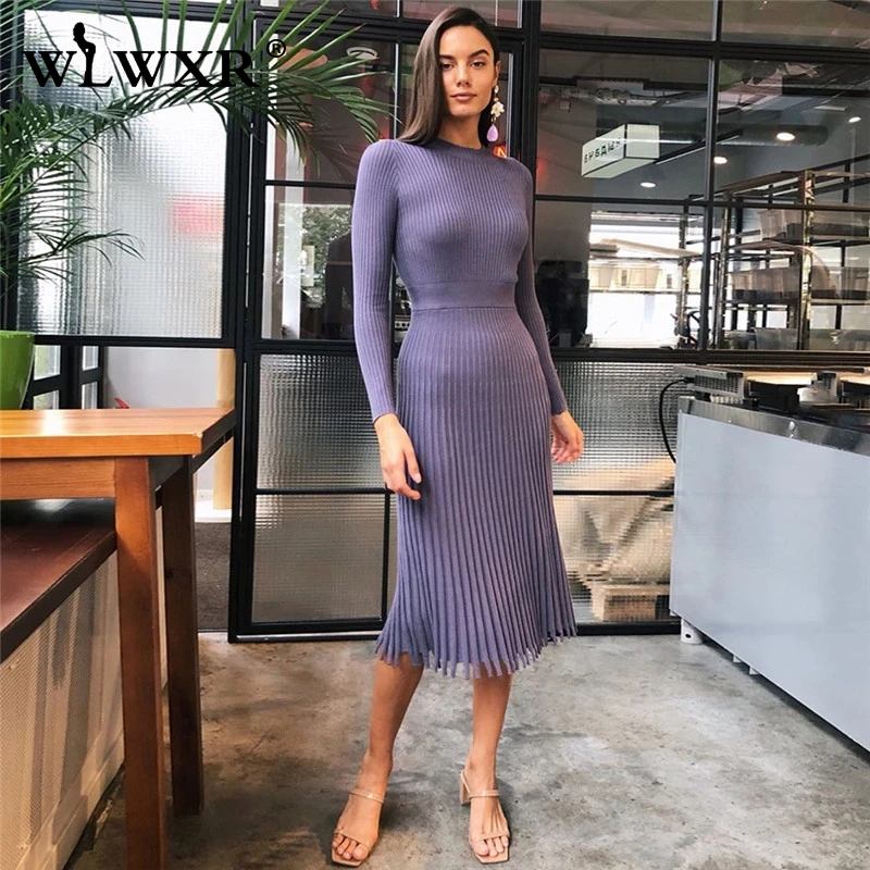 

WLWXR Autumn Winter Casual Bodycon Dress Women 2019 A Line Ribbed Knitted Sexy Dress Ladies Wrap Cerebrity Elegant Party Dresses
