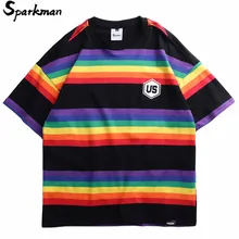 Мужская хип-хоп Футболка Harajuku Радужная полосатая футболка корейский стиль Ретро Уличная летняя хлопковая Футболка большого размера