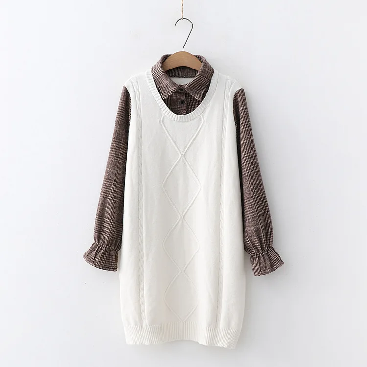 

Winter New Style Versatile Slimming Fold-down Collar Pullover Joint Plaid Sleeve Mid-length Jersey Dress Fake Two-Piece S22829