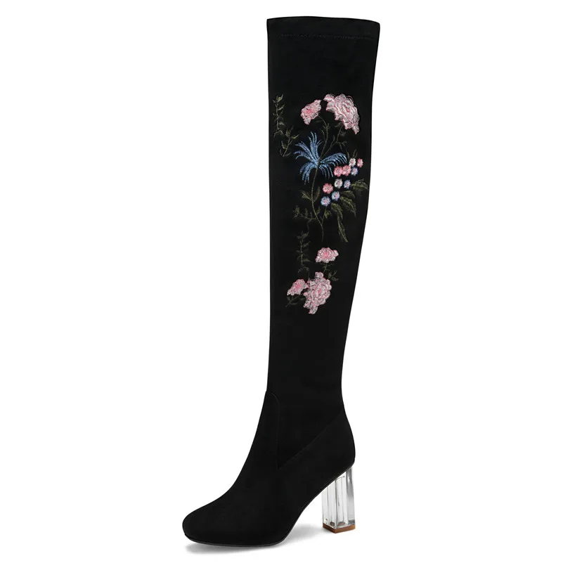 Dilalula Real Kid Suede Leather Embroider Women Knee High Boots 2021 Winter Square Heels Zipper Party Office Shoes Woman | Обувь