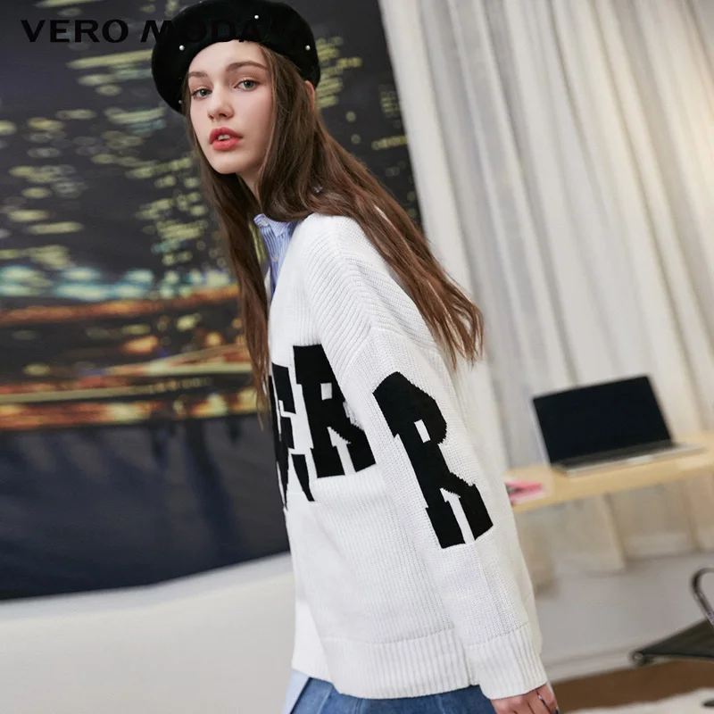 Зимний вязаный свитер в рубчик с круглым вырезом и буквенным принтом Vero Moda | 318413615