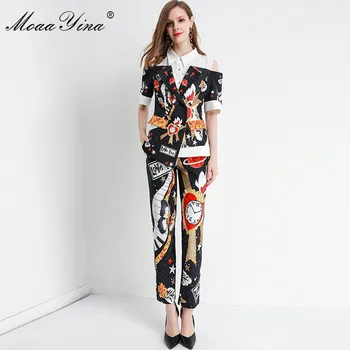 

MoaaYina Fashion Designer Set Spring Autumn Women Short sleeve Print Tops+Trousers Two-piece set