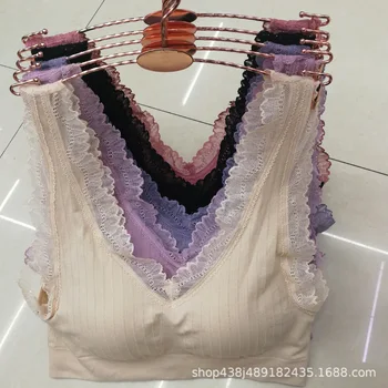 

Seamless Vertical Striped Wide Shoulder Vest-Large Size Bra Coonnected Cup Deconstructable Non-Steel Ring Underwear