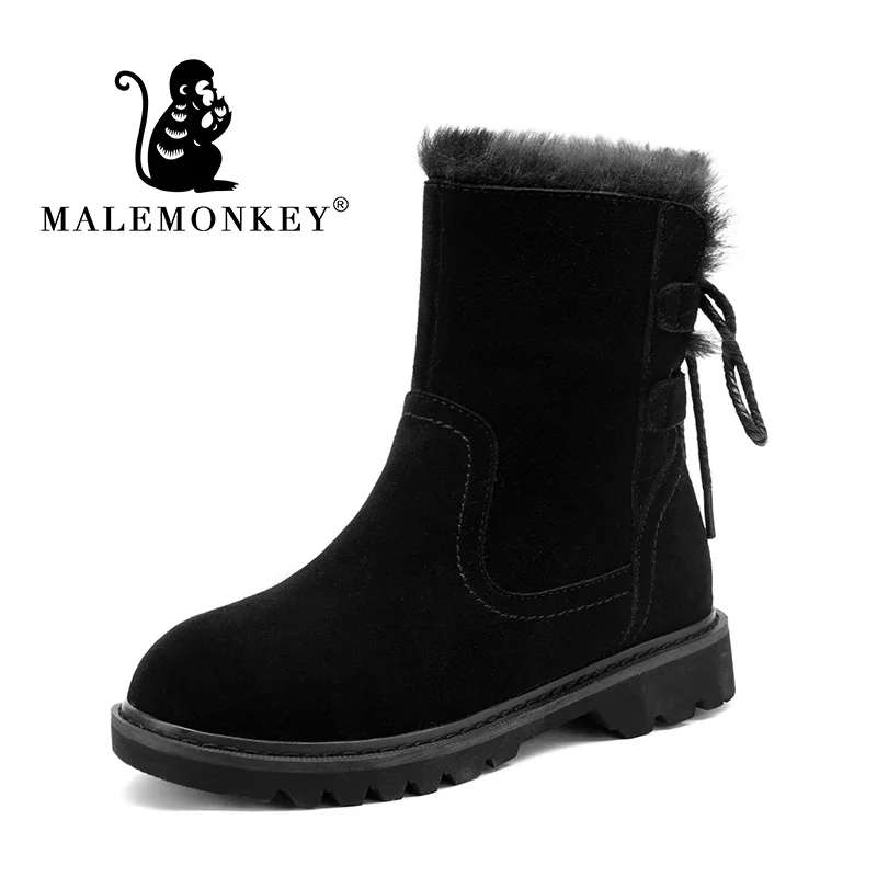 

New 2019 Mid-Calf Boots Winter Fashion Keep Warm Non-Slip and Wearproof Lady Cow Suede Shoes Round Toe Hook & Loop Handmade