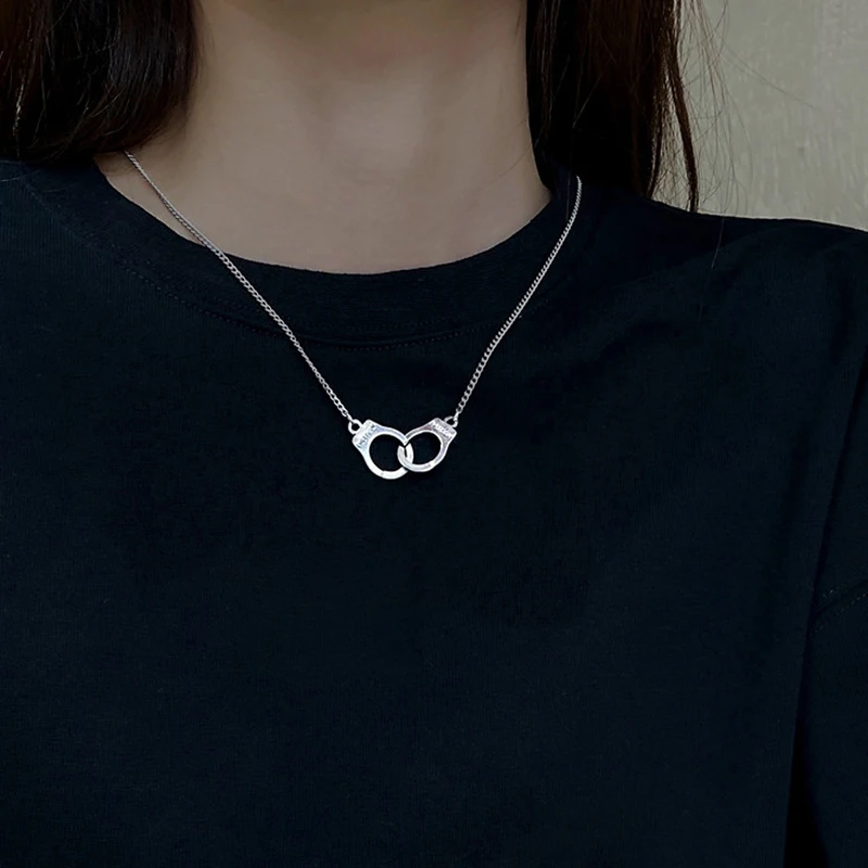 Kpop Punk Hip Hop Pendant Necklace For Men Women Handcuff Collar Silver