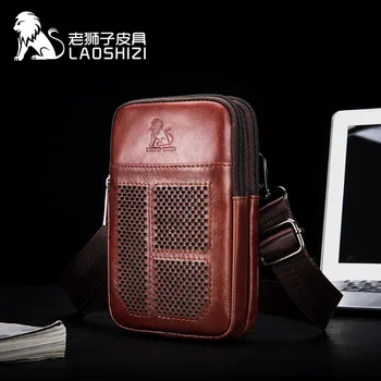 

LAOSHIZI brand Men Genuine Leather Waist Pack Bag Mini Phone Pockets Case Coin Purse Male Cowhide Money Bags Shoulder Messenger