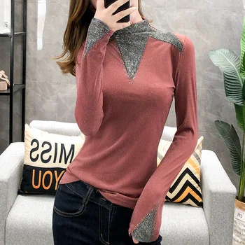 

2020 new diamond inlaid women's knitting top bottoming shirt fashion long sleeve polo shirt women's T-shirt professional