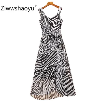 

Ziwwshaoyu Designer Brand Summer Zebra Pattern Print Cascading Ruffle Beach Style Spaghetti Strap Maxi Dresses Women's Clothing
