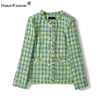 

HarleyFashion High Quality Elegant Lady Full Sleeve Winter Thick Tweed Coat Plaid High Street Tassel Jackets