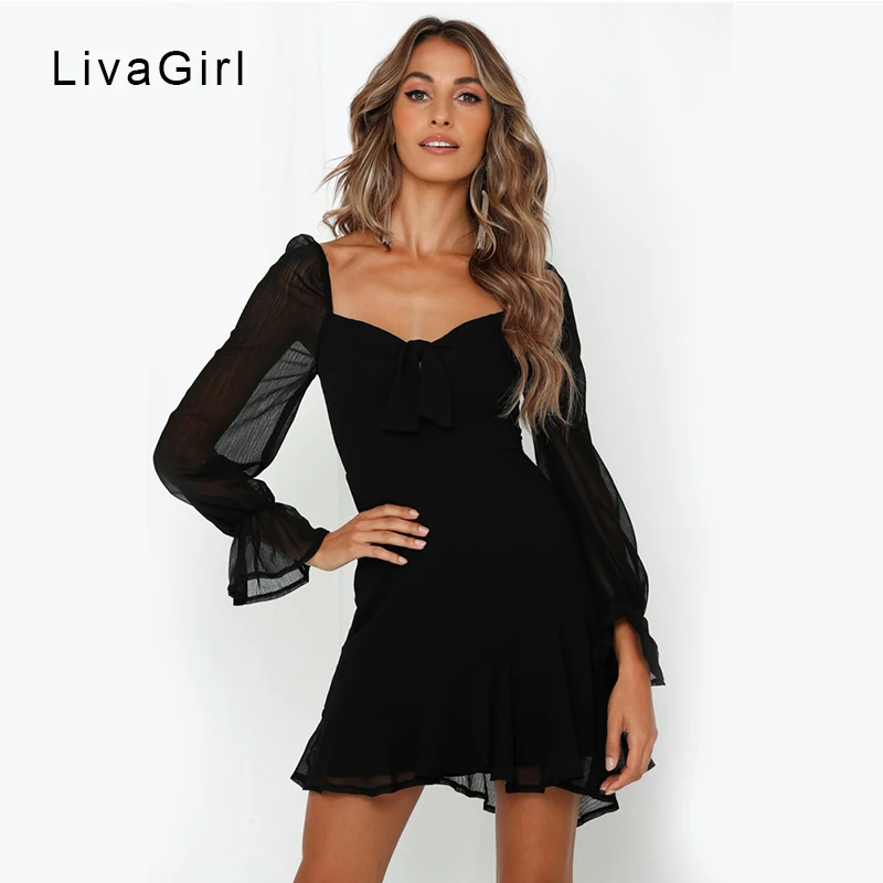 Осень 2019 Новое шифоновое платье с расклешенными рукавами и квадратным