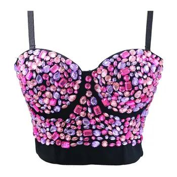 

Summer Sexy Rhinestone Crop Top Pink Sleeveless Party Club Festival Tank Top