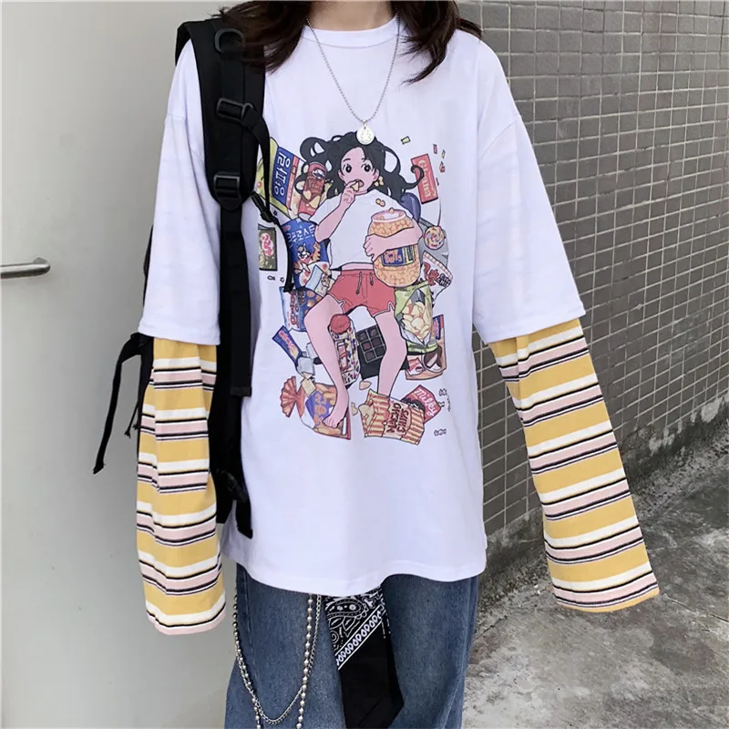 Lychee Harajuku, женские футболки в полоску, 2 шт., топы, футболки с героями мультфильмов, женская футболка, топ, футболка, пэчворк, женские футболки