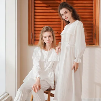 

Wholesale Pure Cotton Pajamas Female Autumn And Winter Long Sleeve White Sweet Princess Loose Plus-Sized