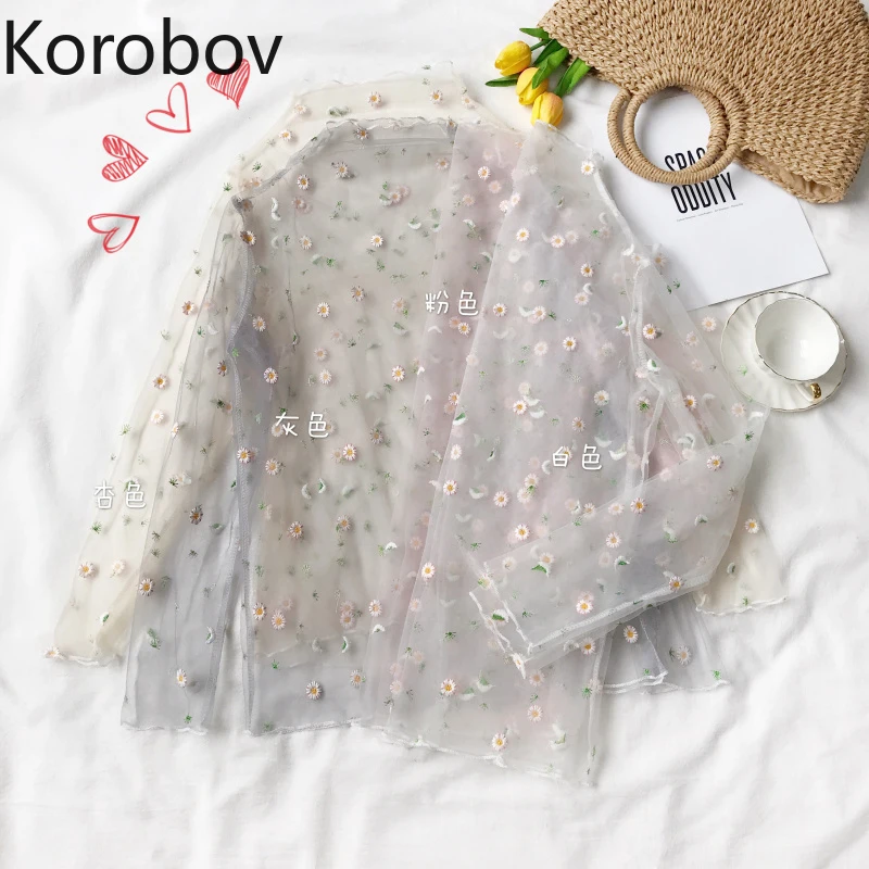 Korobov сексуальный кружевной лоскутный крючок Цветочная блузка для женщин стоячий